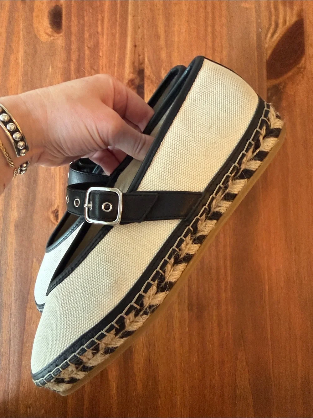Madewell Cream and Black Mary Jane Canvas Espadrilles 8.5